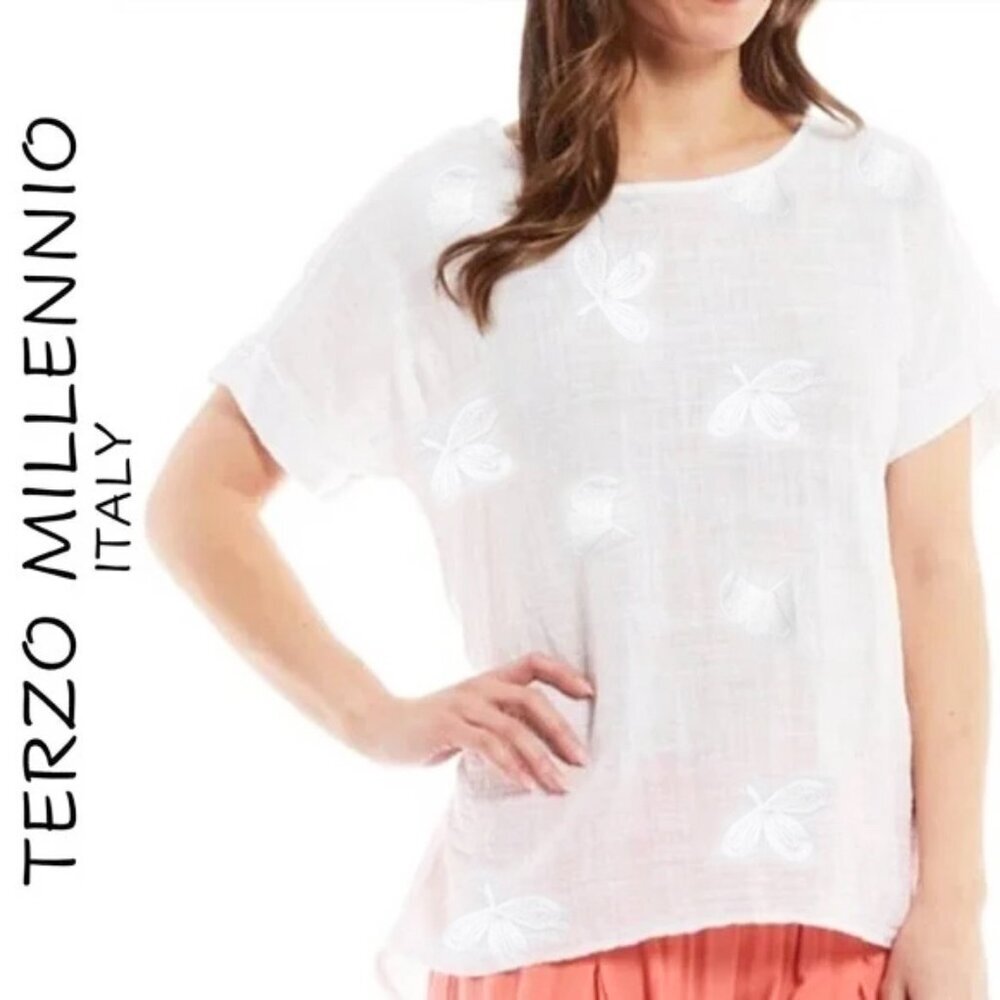NEW Terzo Millennio Embroidered Linen Top Women's Small White Floral Boat Neck